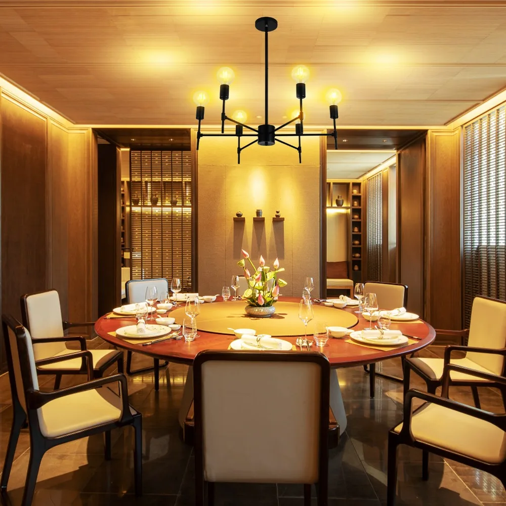 Modern Black Metal Frame Ceiling Light Fixture E26 Base Semi Flush Mount Chandelier 6-Light AC 85-265V Ceiling Light Living Room