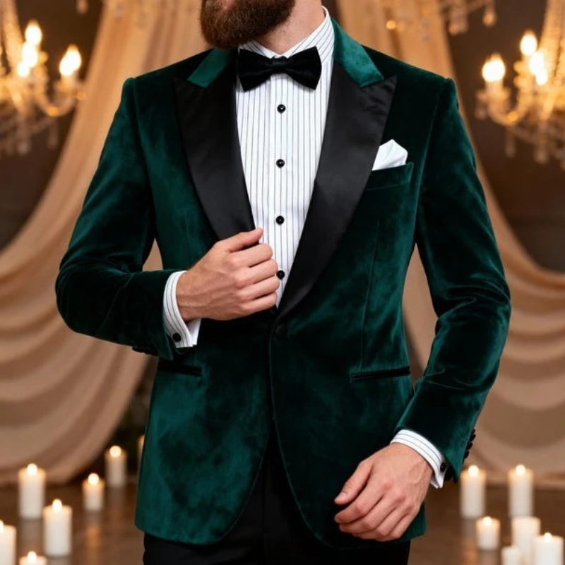 

Мужской зеленый бархатный смокинг, приталенный крой, для свадьбы