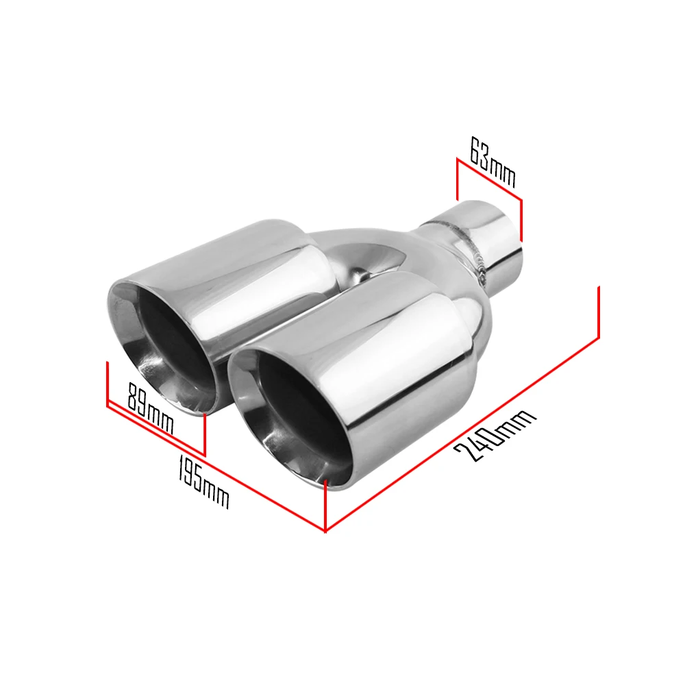 Stainless Steel Car Exhaust End Tip Interface 63mm Round Dual Outlet 89mm Auto Muffler Tail Pipe Silver Universal