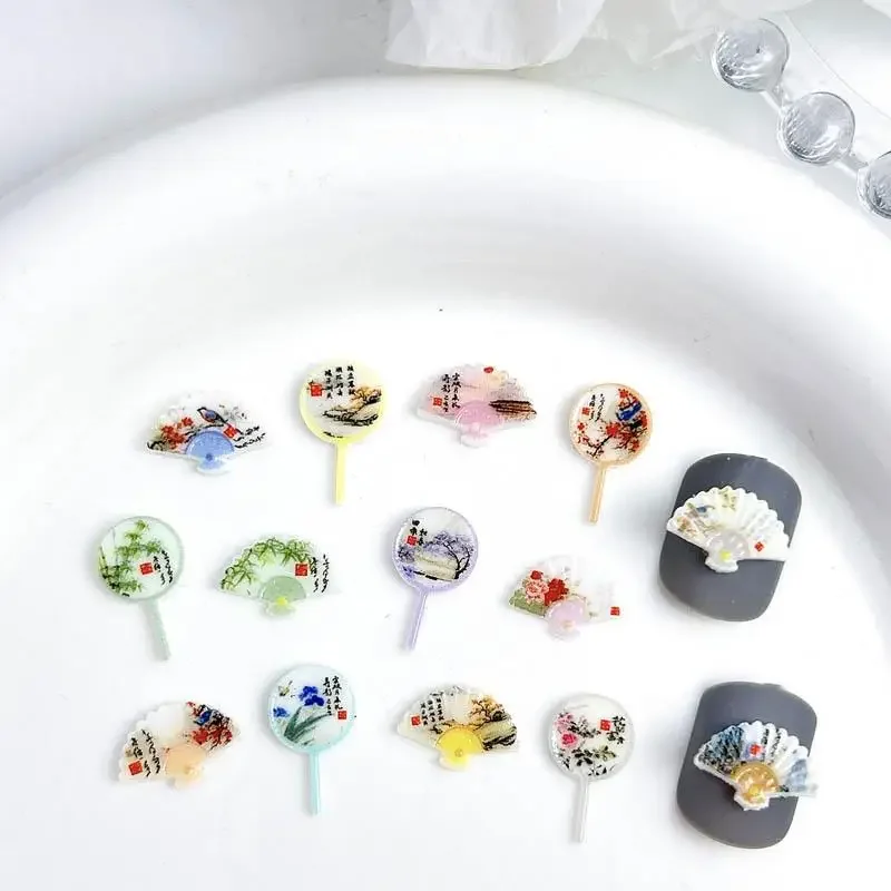 50PCS Mini Antique Style Fans Nail Art Charms Ink Painting Fan Face New Chinese Style Nail Decorations for DIY Fashion Nails