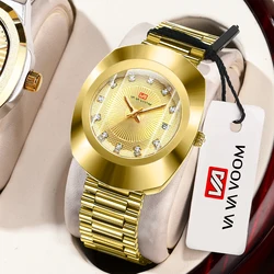 VA VA VOOM Gold Mens Watch Fashion Elliptical Stainless Steel Luxury Water Diamond Business Style Original Quartz Movement Watch