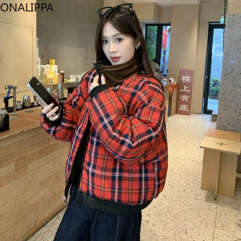 Onalippa Contrast Plaid Red Quilted Coat Women Turtleneck Two-side Loose Winter Clothes Korean Fashion Casual Zip Up Jackets