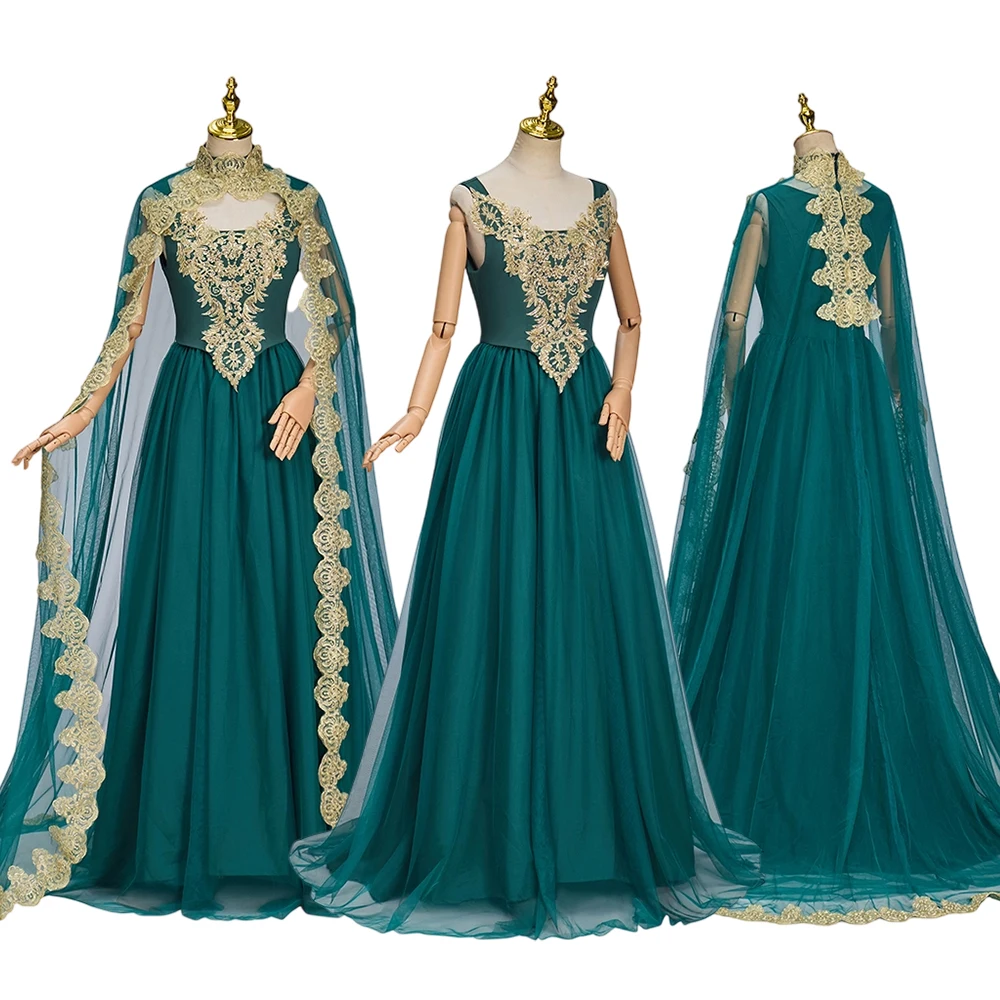 

Historical Royal Queen Green Dress With Cape Women Luxury Elegant Muslim Robe Victorian Renaissance Theme Party Elf Ball Gown