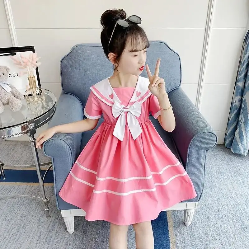 2024 Summer New retro Girls Cotton Crew Sailor Collar Teen Casual striped JK Dress A-LINE Baby Clothes Toddler 12 15 6 8 10 year