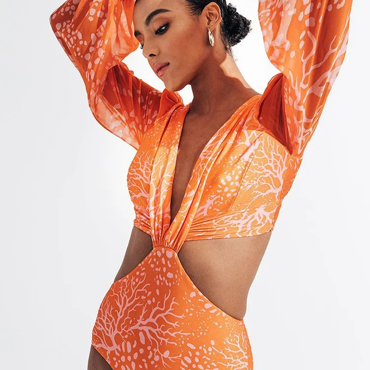 

New Sexy High Waist One Piece Swimsuit Women V Neck 2026 Long Sleeve Bathing Suit Brazilian Swimwear Monokini Summer Beachwear