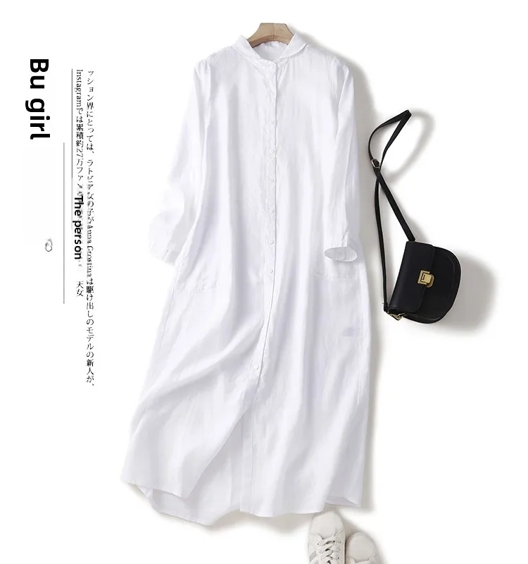 Décontracté pur lin irt Dr poupée col t-shirt quart Sve longue Dr printemps été a-ligne jupe conception à bouton unique