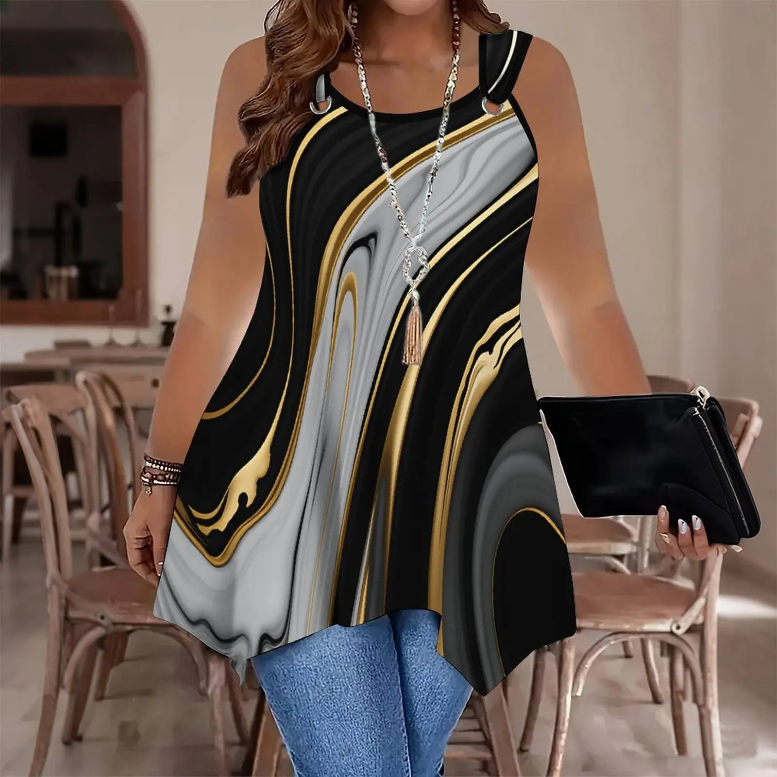 Autumn and Winter Women's Printed Sleeveless Vest Round Neck Slim Commuting Vacation Casual Clothes