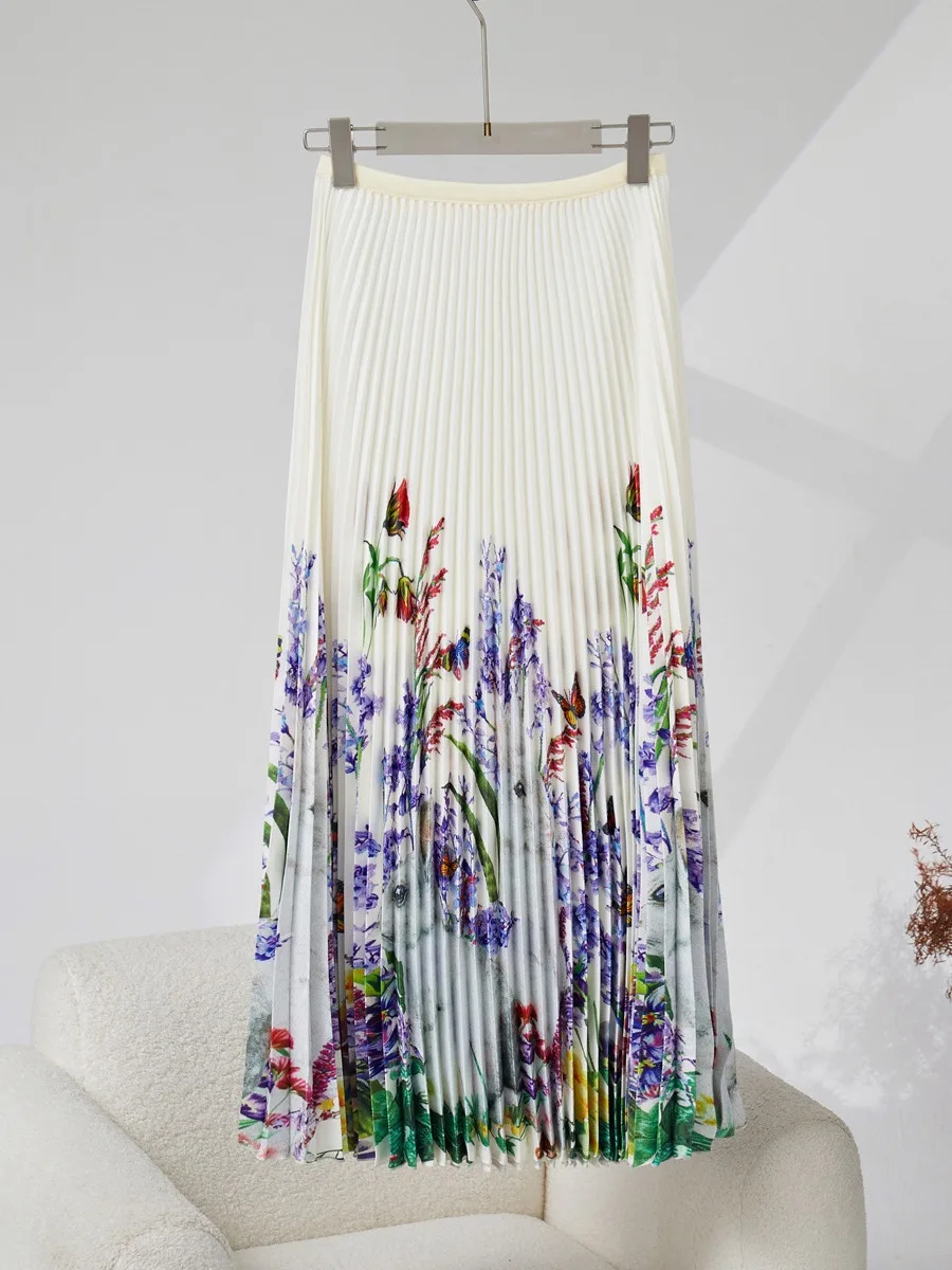 Traje informal de alta calidad para mujer, Falda plisada y Top estampado elástico, traje largo y elegante de tres piezas