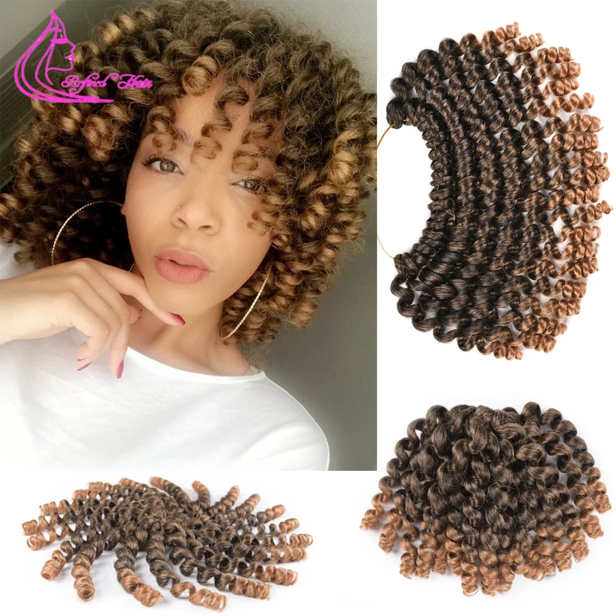 Ombre Braiding Hair Jumpy Wand Curl Crochet Braids Jamaican Bounce 8 12 inch Synthetic Hair Extensions for Women Brown Burgundy