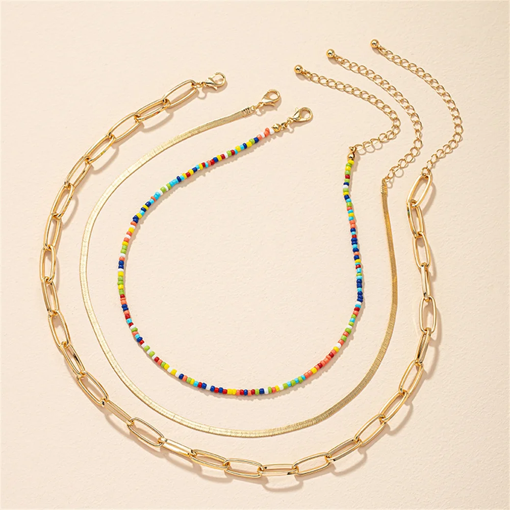 2023 Boho Vintage Punk Multilayer Gold-plate Snake Chains Necklace For Women Female Fashion Color Rice Bead Chain Jewelry Gift