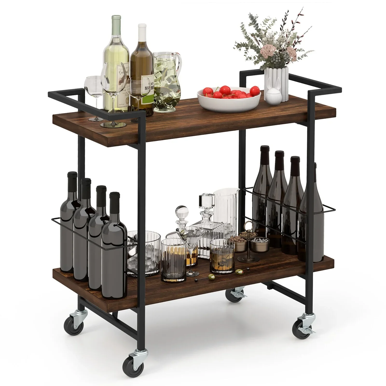 US Home Bar Cart 2-tier Home Bar Cart w/ Lockable Wheels & Anti-fall Guardrail