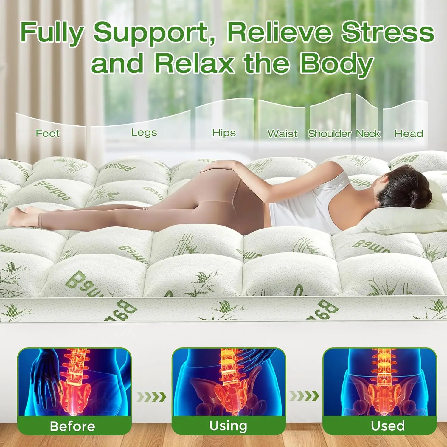 

Viscose Bamboo Mattress Protector, Cooling Pad for Back Pain Relief, Breathable Cover for Hot Sleepers, Green