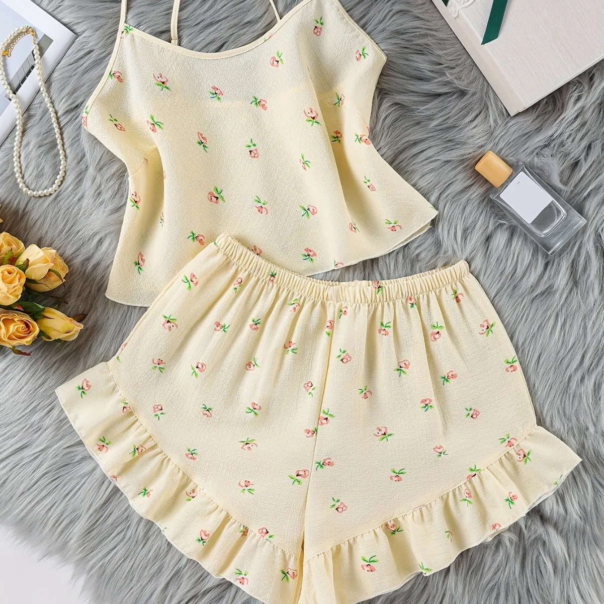 

Сексуальный комплект для сна: топ-камизоль из цветочного тюля с эффектом крепдешин и шорты, домашняя одежда