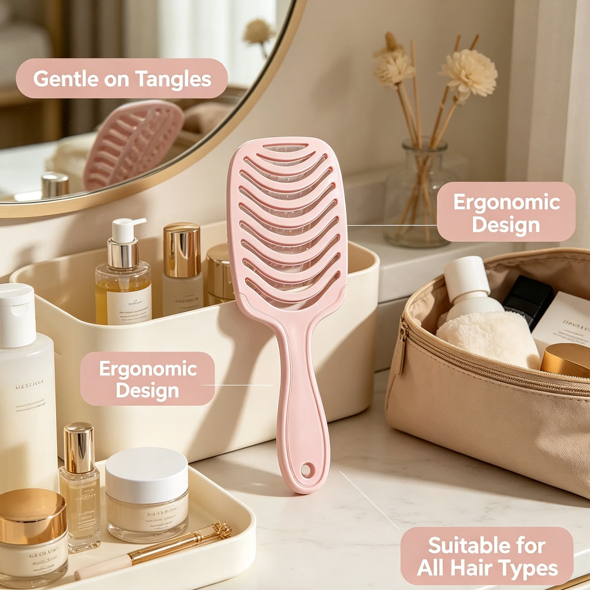 A pink, open-work, smooth-textured airbag comb for dry and wet use, resistant to pulling, tangling, and breaking hair strands.
