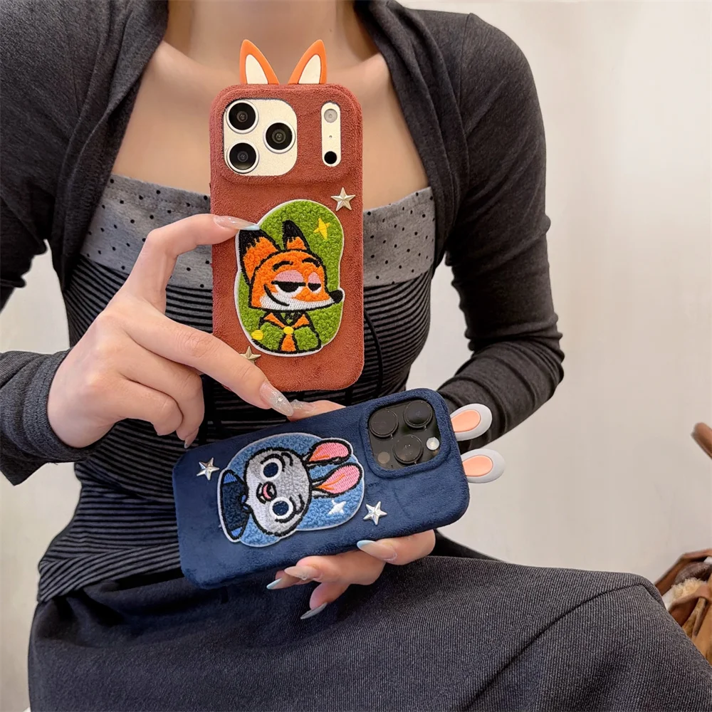 

INS Leather 3D Rabbit Ears Embroidery Fox Rabbit Funny Phone Case for iPhone 17 13 14 15 Pro Max 16 Pro Cover Shockproof Cases