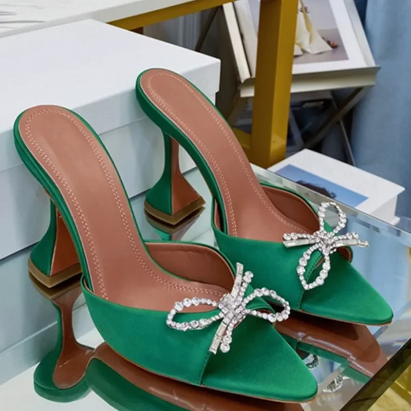 2025 Women's Sandals European and American Summer and Autumn New High Heel Fashion Banquet Diamond Bow Tip Open Toe Slippers