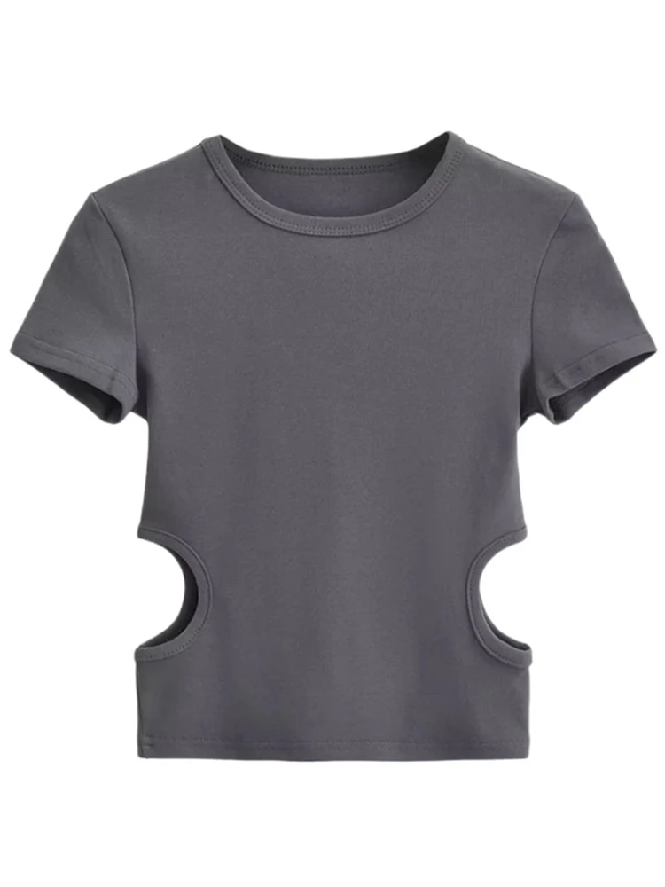 2023 Side Waist Off Short Top Women's Round Neck Slim Fit Versatile Solid Color Short Sleeve T-shirt Summer