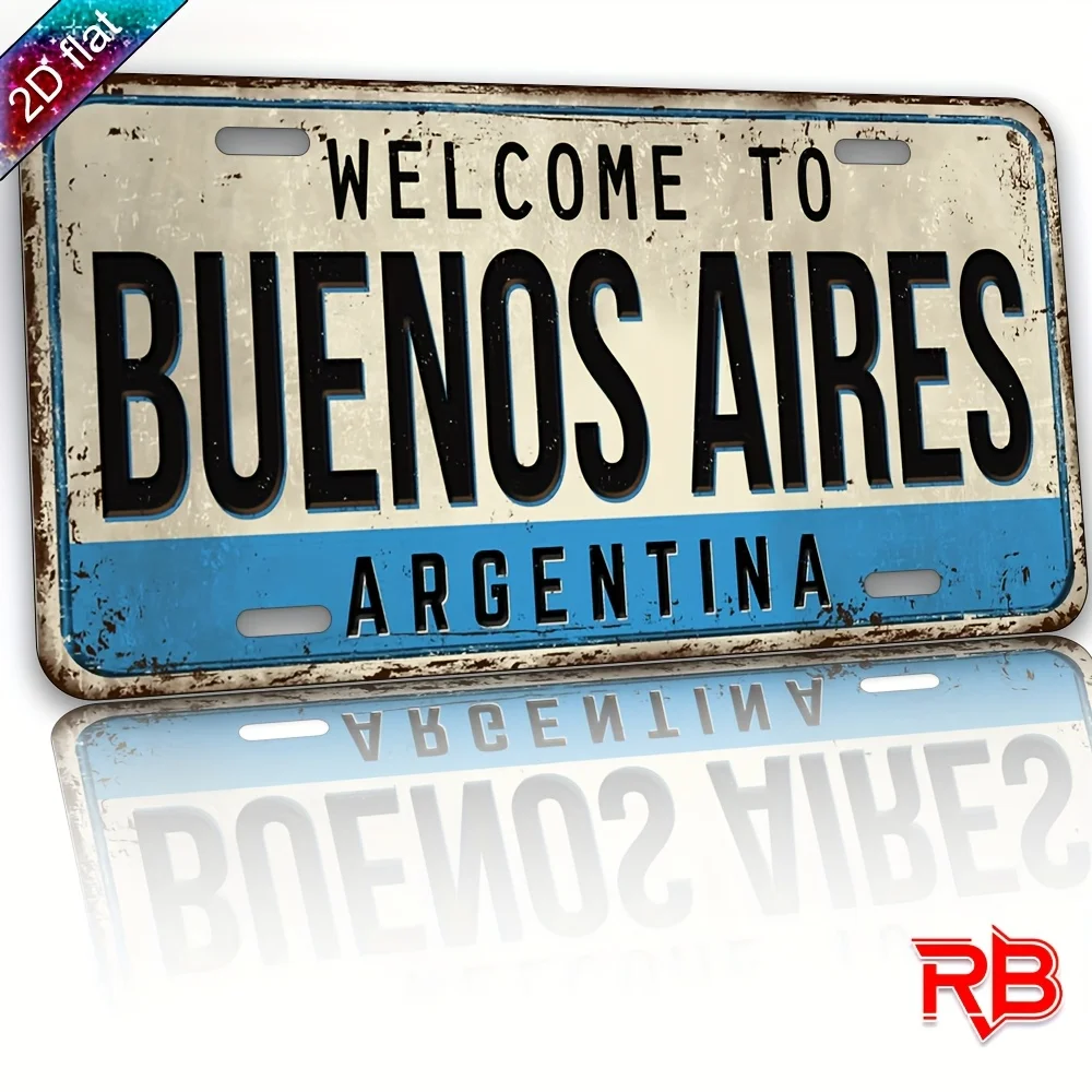 2D Flat, Vintage Buenos Aires Argentina License Plate Wall Art - 2D Flat UV Printed Aluminum Metal Sign with Argentine Flag Colo