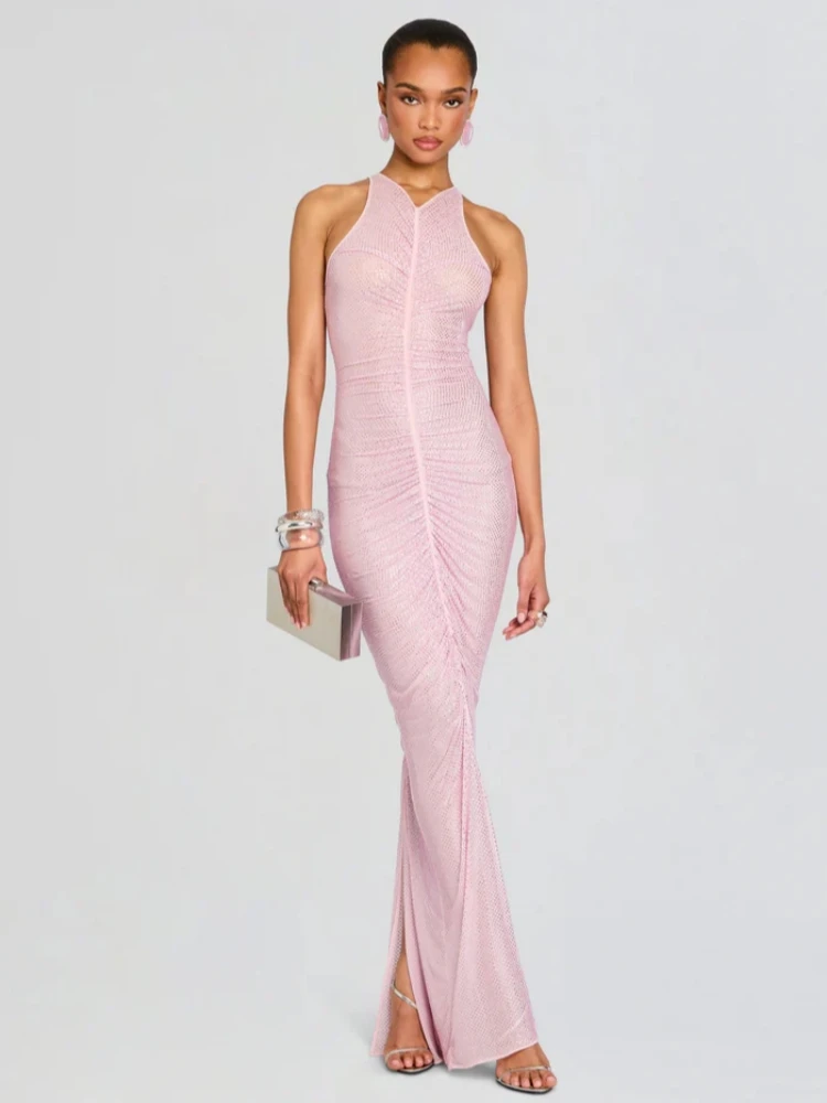 مثير س الرقبة طيات لامعة الماس فستان طويل المرأة الوردي أكمام حجر الراين Ruch مطوي فساتين ضئيلة مساء حزب نادي العباءات