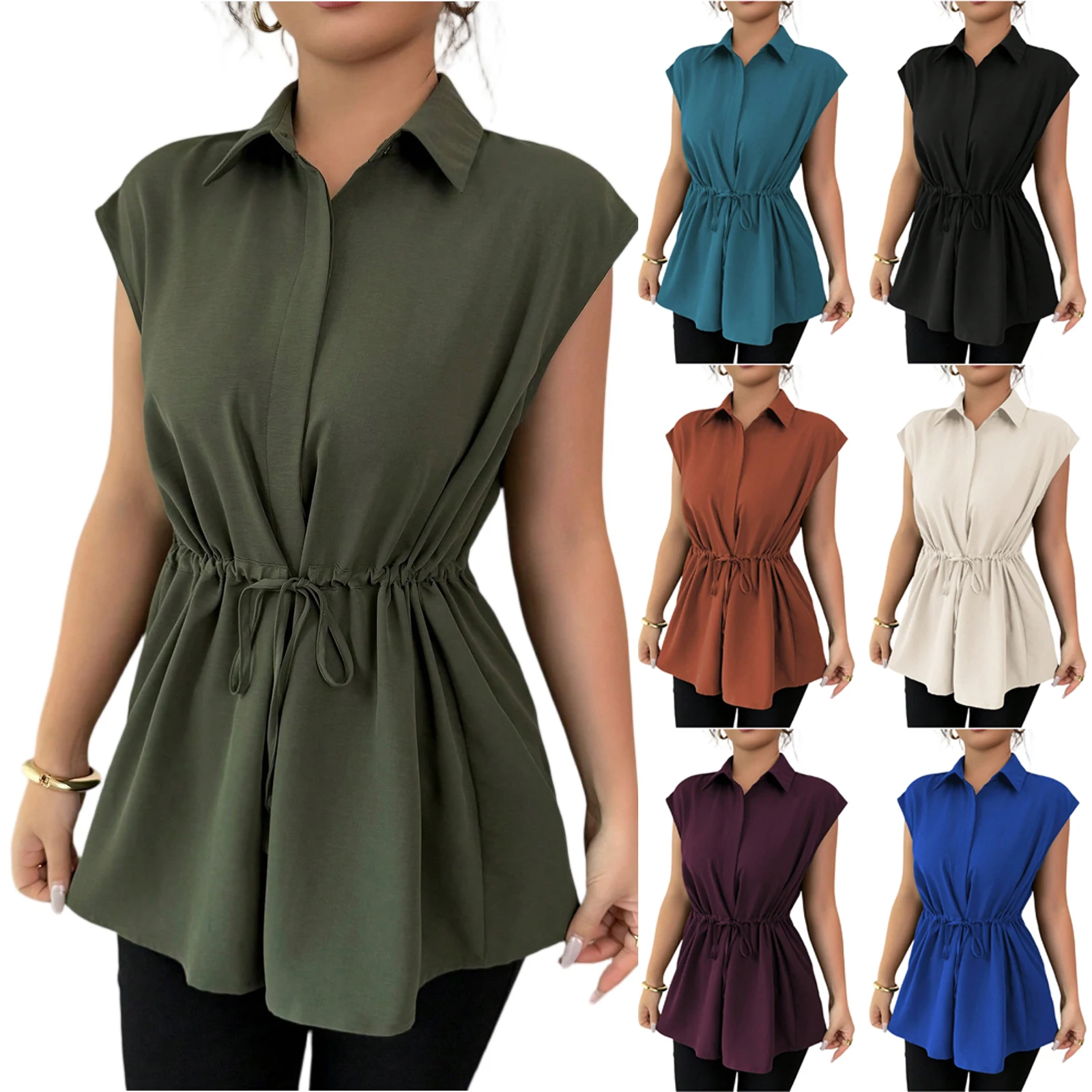 Chemise d'été sans manches pour femmes, ample, à lacets, ceinture, couleur unie, revers, manches courtes, chemises de transport décontractées