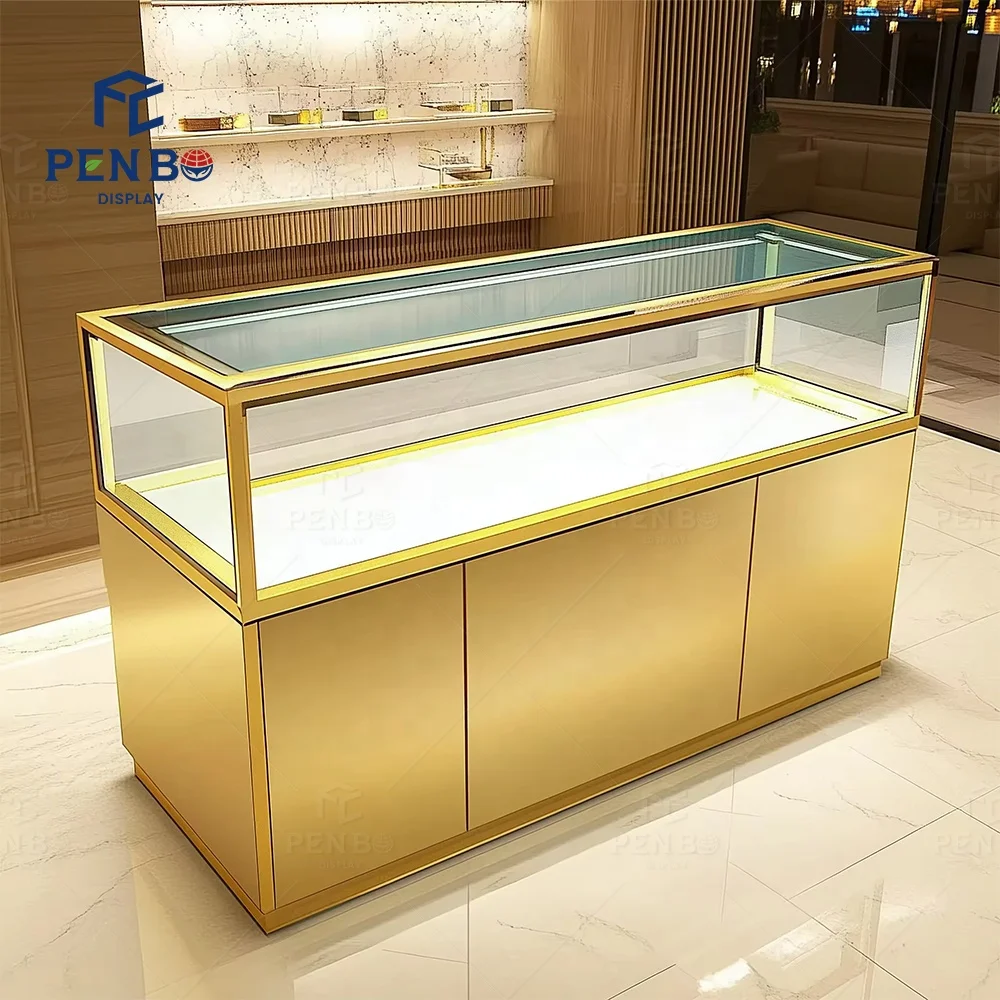 Luxo moderno vitrine de jóias armário mdf madeira vidro temperado led luz exibição de jóias mesa vitrine de jóias douradas