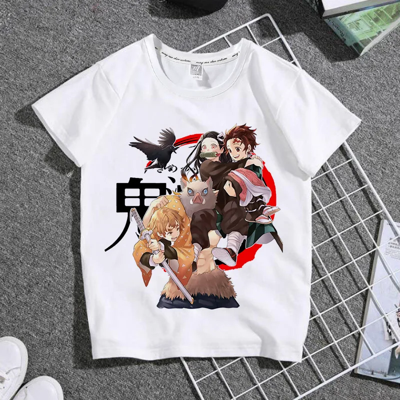 شيطان القاتل اليابانية أنيمي الكرتون القطن الخالص ملابس الأطفال الذكور والإناث الطلاب جولة الرقبة تي شيرت قصير الأكمام