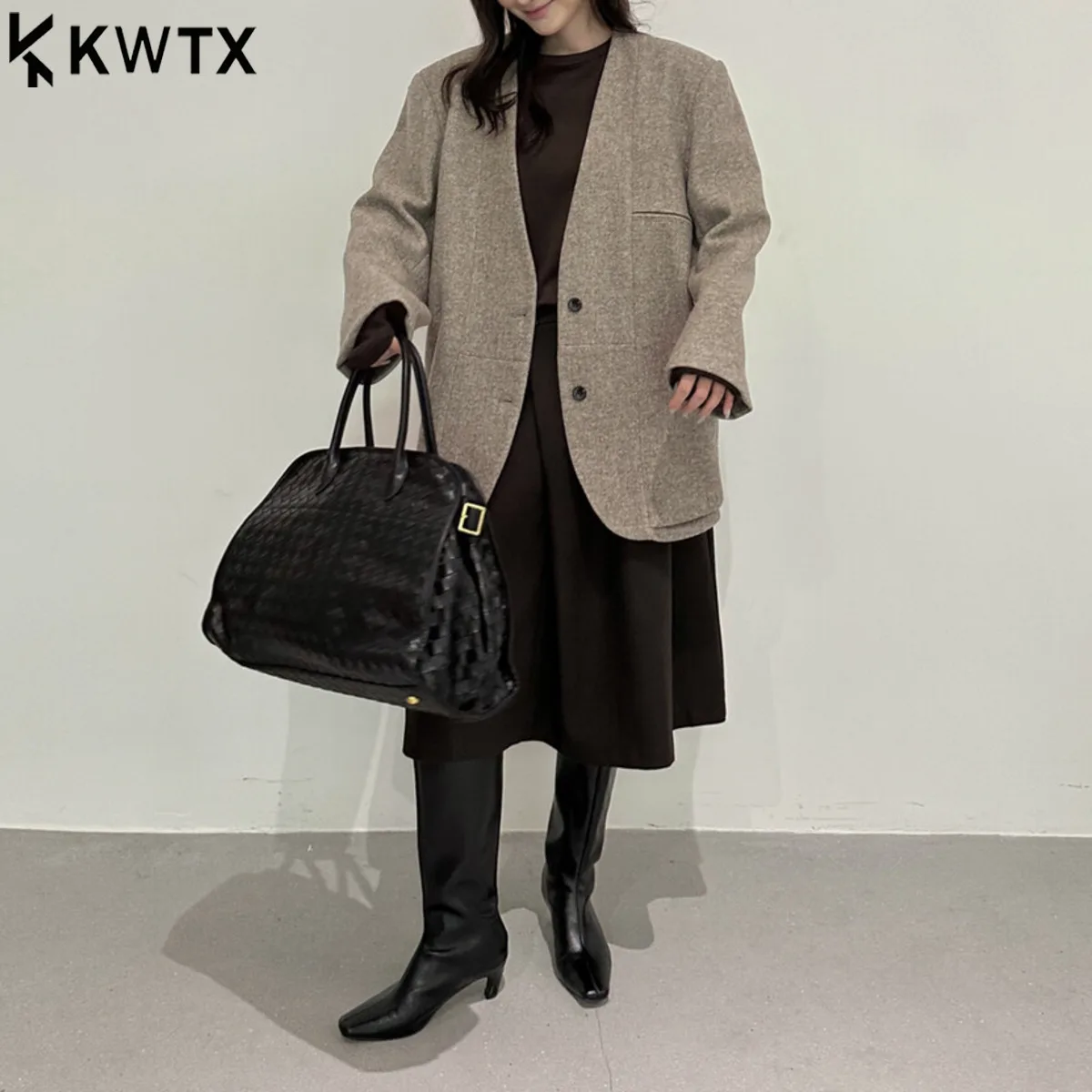 

KWTX женский пиджак из 100% шерсти, винтажное новое поступление, однобортное однобортное однобортное повседневное элегантное шикарное дизайнерское осенне-зимнее пальто с v-образным вырезом