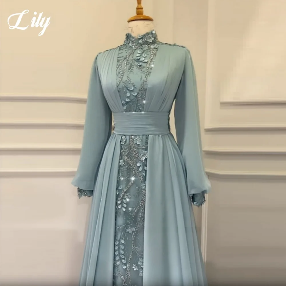 Lily Green Muslim Evening Dress High-Neck Long Sleeves Prom Dress Flower Type Shiny Sequins Pleating Ball Gown Dubai Customized