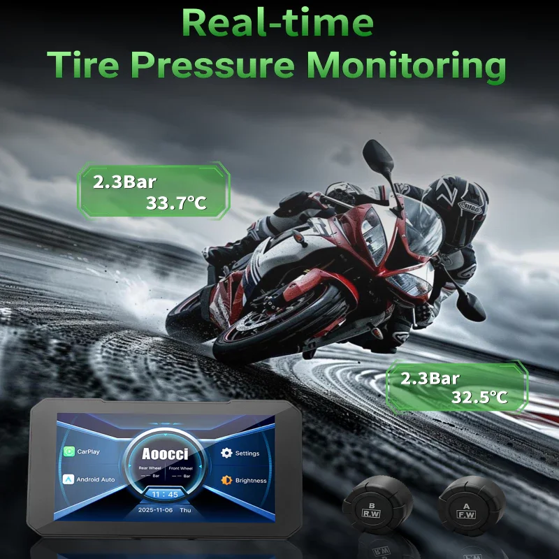 Aoocci Motorcycle TPMS Sensor Bluetooth Tire Pressure Temperature Monitoring for Motorcycle CarPlay 2 Sensors IP67 Waterproof