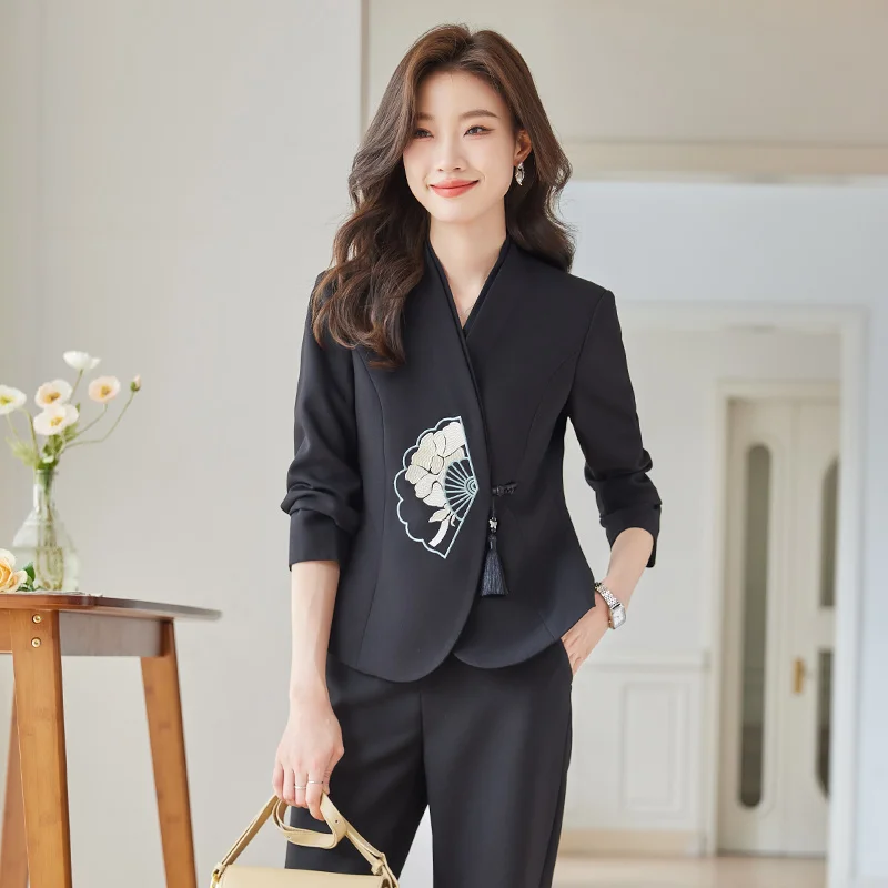 Elegant Chinese style Women Office Ladies Pants Suits Office Ladies Solid Slim Blazer High Waisted Suits Pants 2 Piece Set