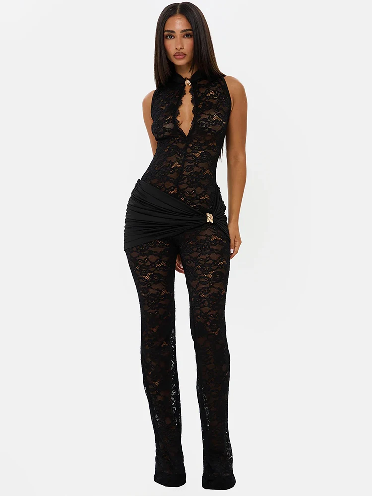 

Mozision Lace See Through Sexy Jumpsuits Women Rompers Elegant Hollow Out Sleeveless High Waist Ruched Club Party Jumpsuit