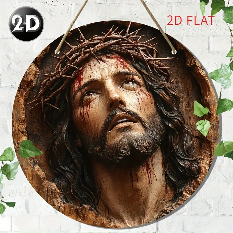 2D flache runde Wandkunst aus Holz – Retro-Jesus-Skulptur – Die ideale Wahl für Weihnachten, Thanksgiving und St. Patrick's Day