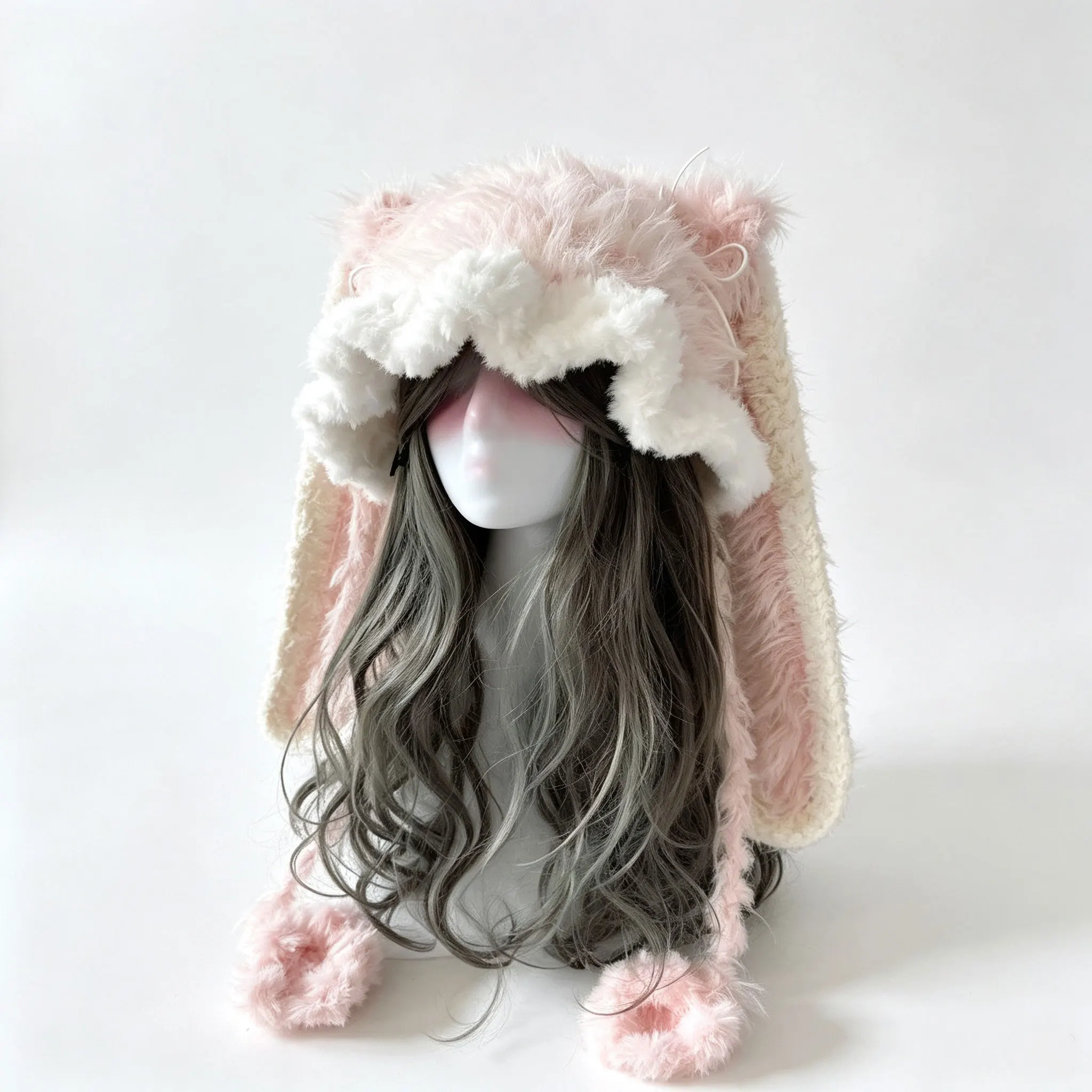 Handmade White Pink Bunny Rabbit Ears Beanie Women Soft Custom Crochet Winter Warm Knit Hat Girls Kawaii Sweet Lolita Skullies