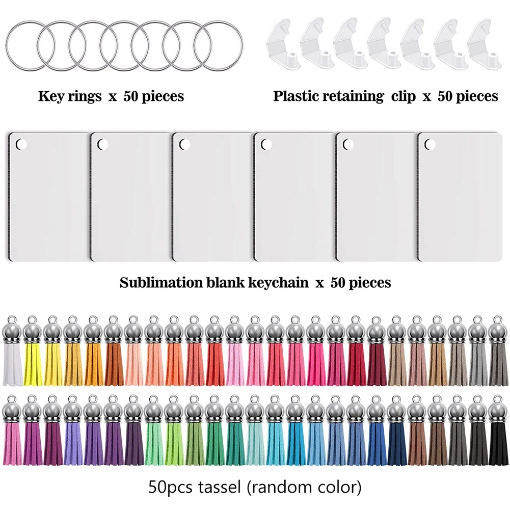 Sublimação Keychain Blanks Set Com Chaveiros, Retângulo Em Branco De Transferência De Calor, Borlas DIY, 200Pcs