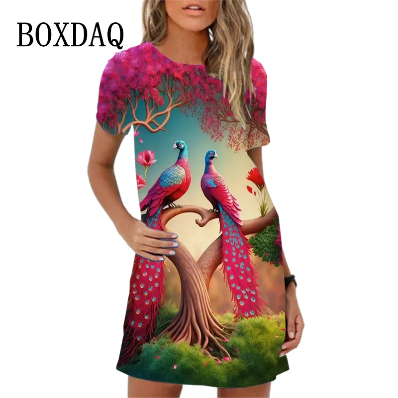 2024 Summer Women Dress Elegant Short Sleeve O-Neck Peacock Pattern Print Dress Fashion Casual Loose Print A-line Dress Vestidos