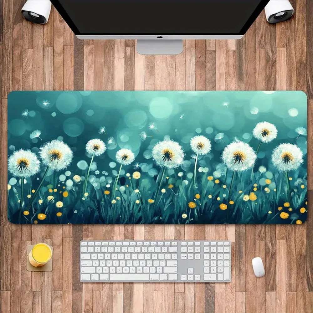 Large Green & Golden Dandelion Mouse Pad with Seamless Border - Ideal for Office, Home, and Gaming Setup - Relaxing Nature Scene