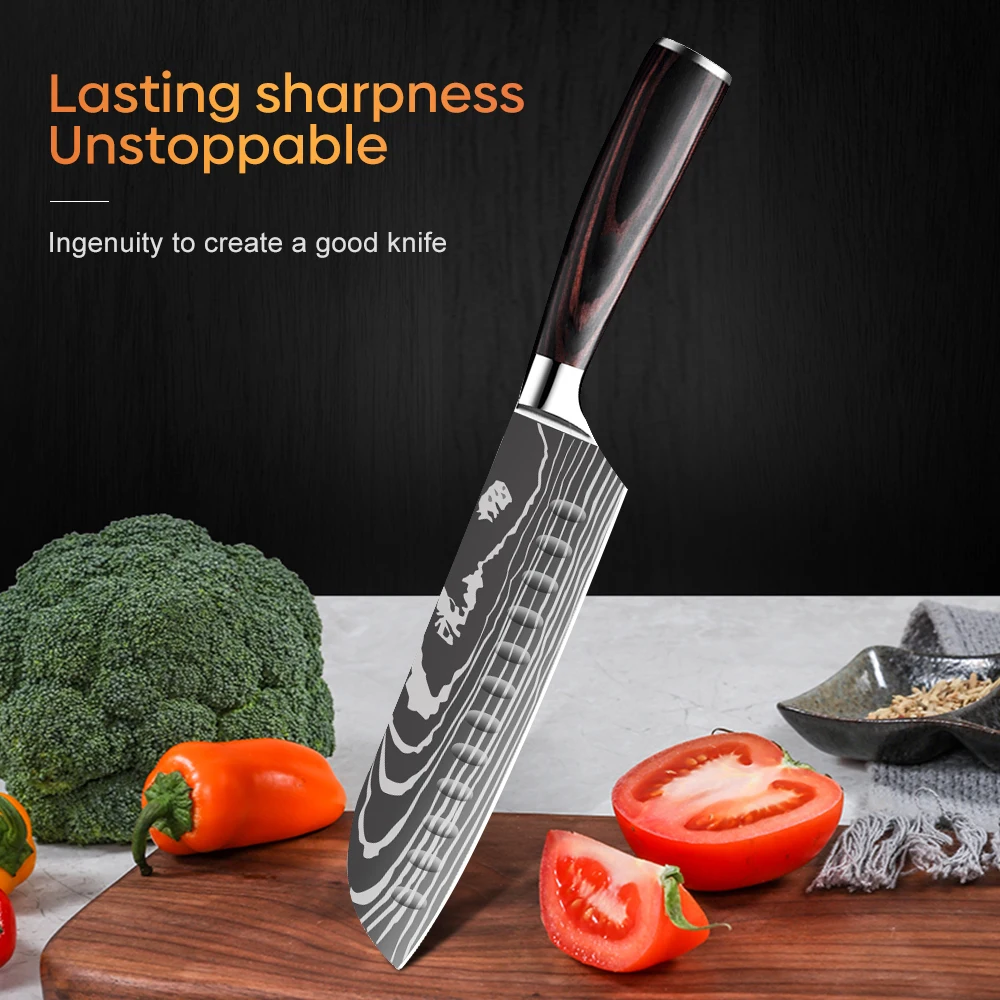 MDHAND 7 Inch Santoku Knife Laser Damascus Stainless Steel Kitchen Knives Professional Chef Knife Full Tang Slicing knife