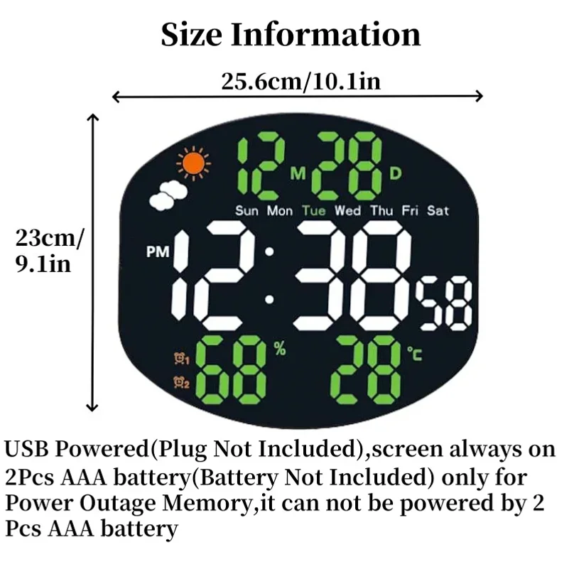 Weather Station Large Digital Wall Clock TEMP Humidity Date Week Night Mode Table Clock 2 Alarm 12/24H USB LED Alarm Clock