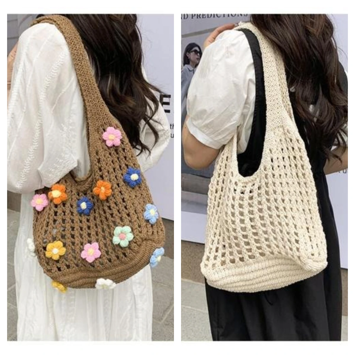 

ISKYBOB вязаная сумка на плечо с цветочным принтом, модная сумка, легкая вязаная крючком большая сумка, повседневная сумка с верхней ручкой, женская уличная дорожная сумка