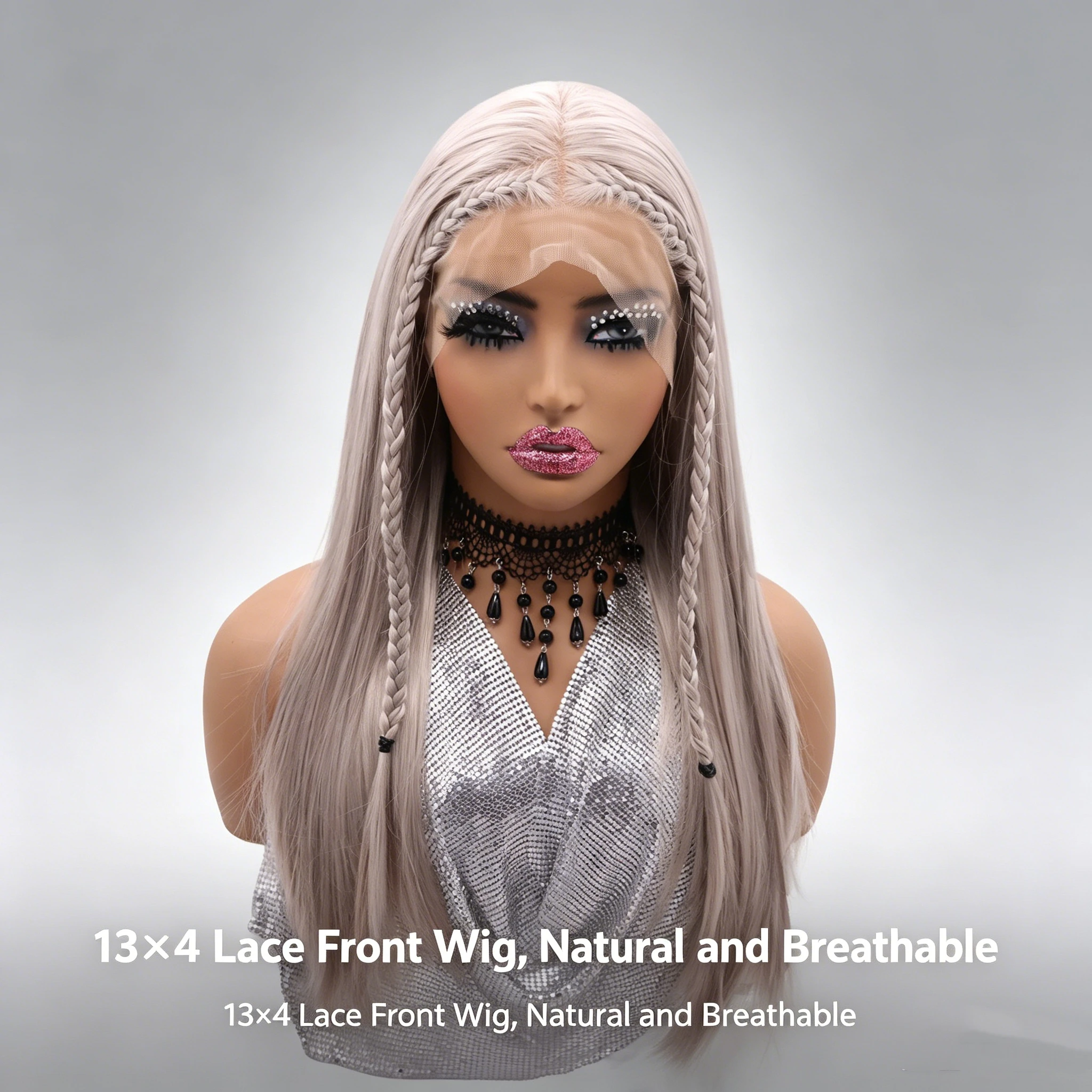 

24-inch Front Braided 13x4 Lace Wig Synthetic Wig Natural, Breathable, Heat-Resistant Suitable for Daily Wear and Cosplay