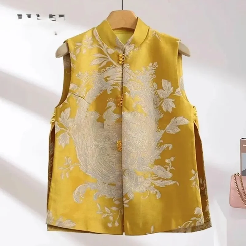 

Spring New Fashion Stand Collar Jacquard Vest Women Elegant Waistcoat Sleeveless Jacket Chinese Style Outwear Female Tops T1483