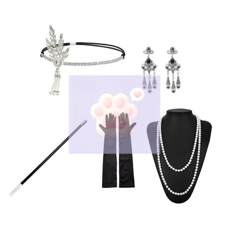 1920s Flapper Accessories For Women Vintage Party Headband Gloves Necklace Set Cocktail Party Costume Props