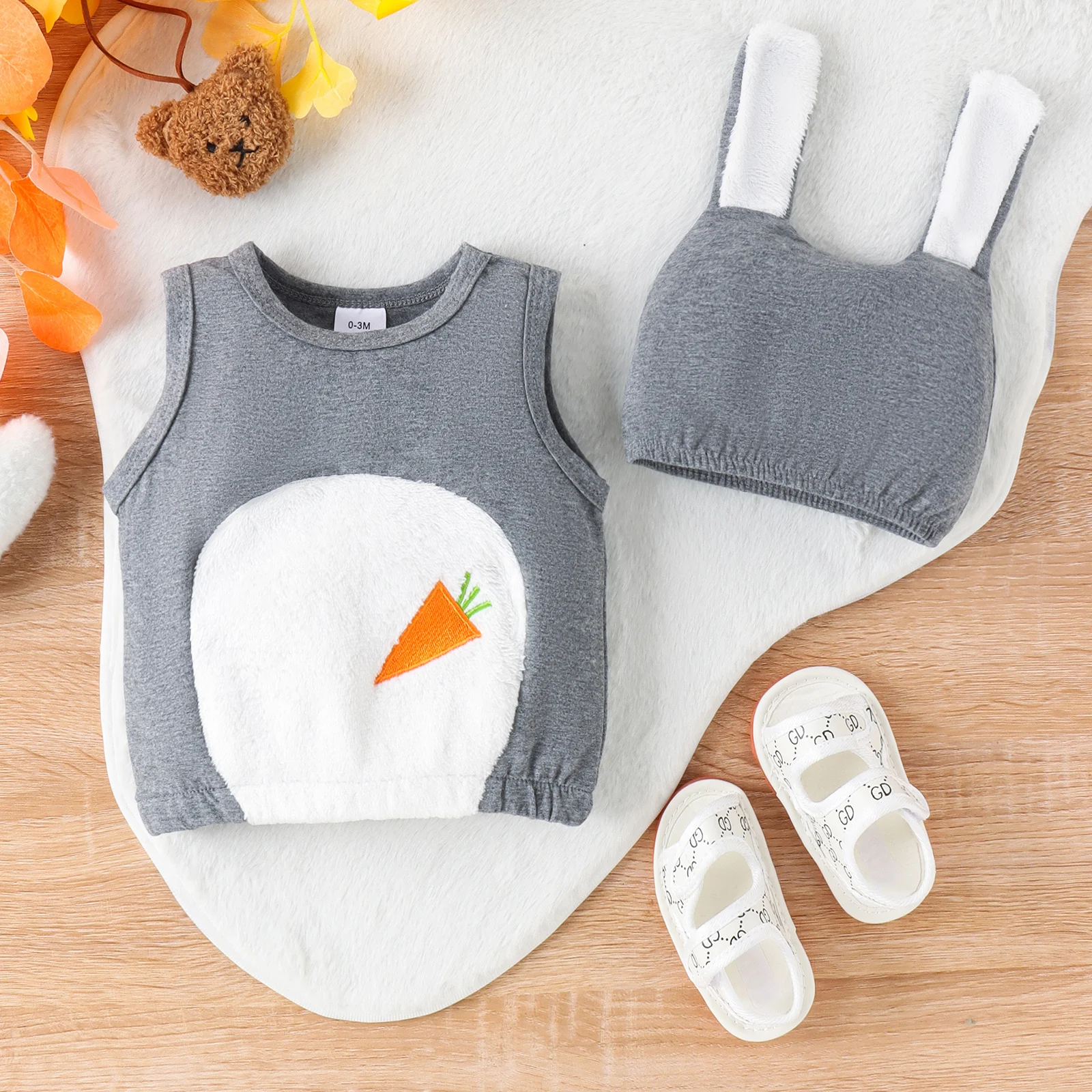 

2PCS Summer Cross-Border Boys And Girls 0-1 Years Old Cute And Comfortable Gray Vest + Rabbit Ear Hat