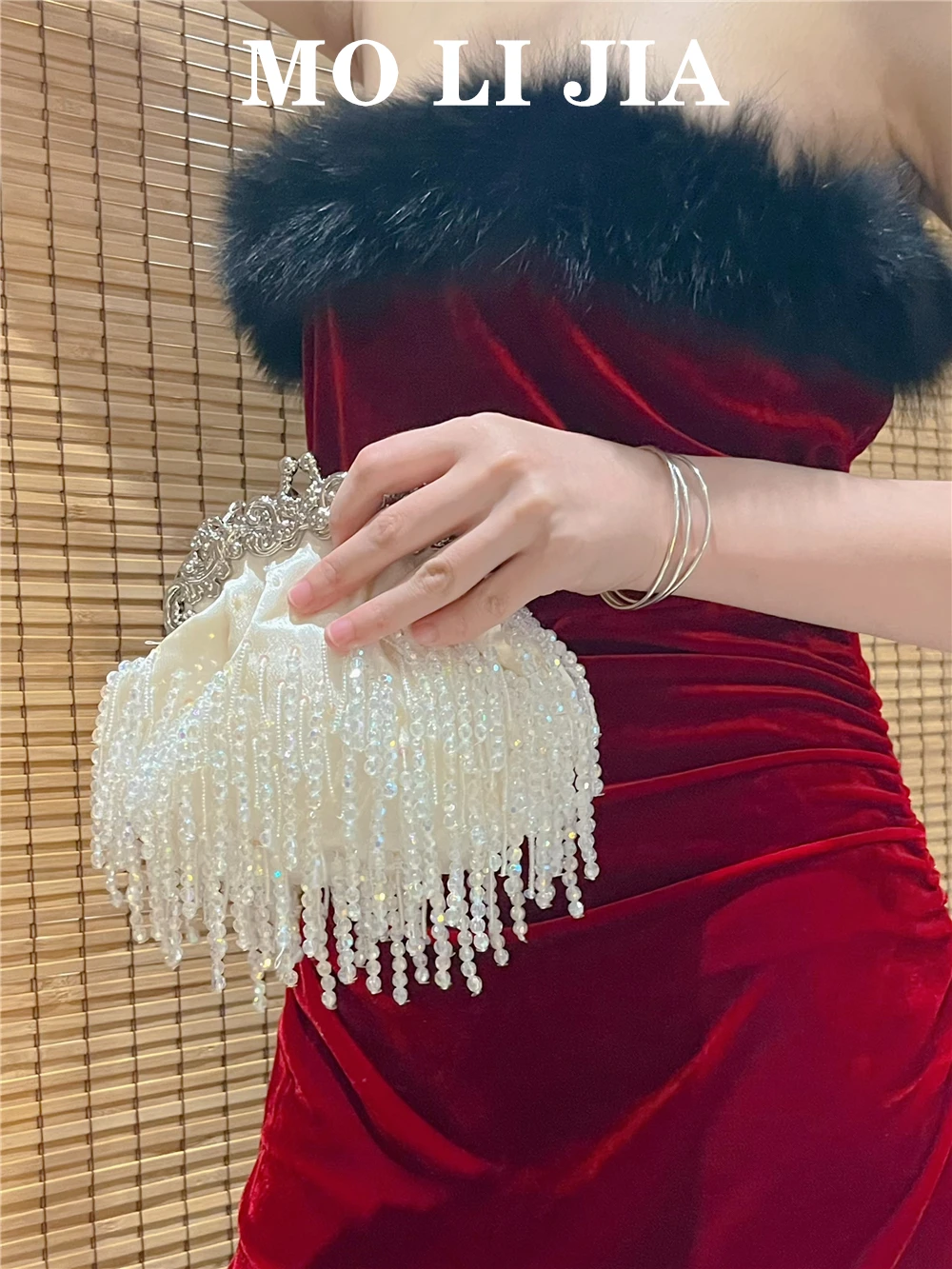 Luxury Designer White Satin Bag Women Handbag Pearl Beaded Tassel Evening Bag Wedding Party Clutch Purse Shoulder Crossbody Bag