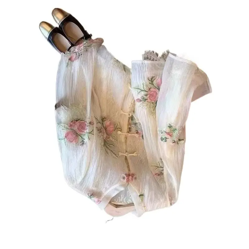 

Новая женская летняя рубашка в китайском стиле с вышивкой розами и кружевными вставками, солнцезащитная, ретро, из шифона, с воротником-стойкой, с длинными рукавами