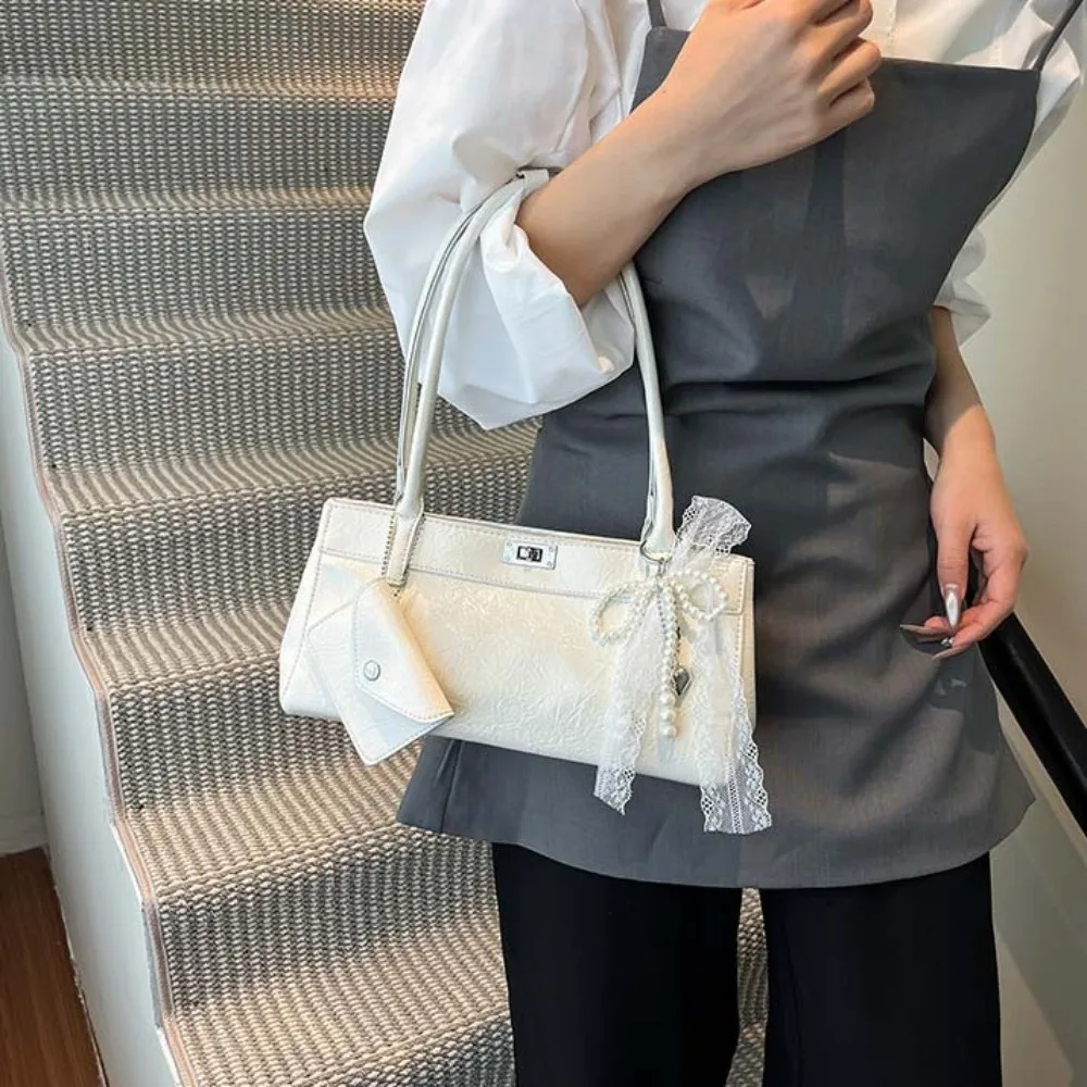 

Portable Sweet French Stick Handbag Lace Bow Ribbon PU Shoulder Bag Solid Color Y2K Texture Underarm Bags Daily