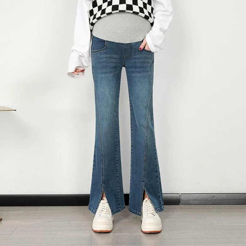 

Джинсы для беременных, весенне-осенние модные джинсовые брюки с высокой талией для беременных, узкие брюки для беременных с разрезом, расклешенные брюки