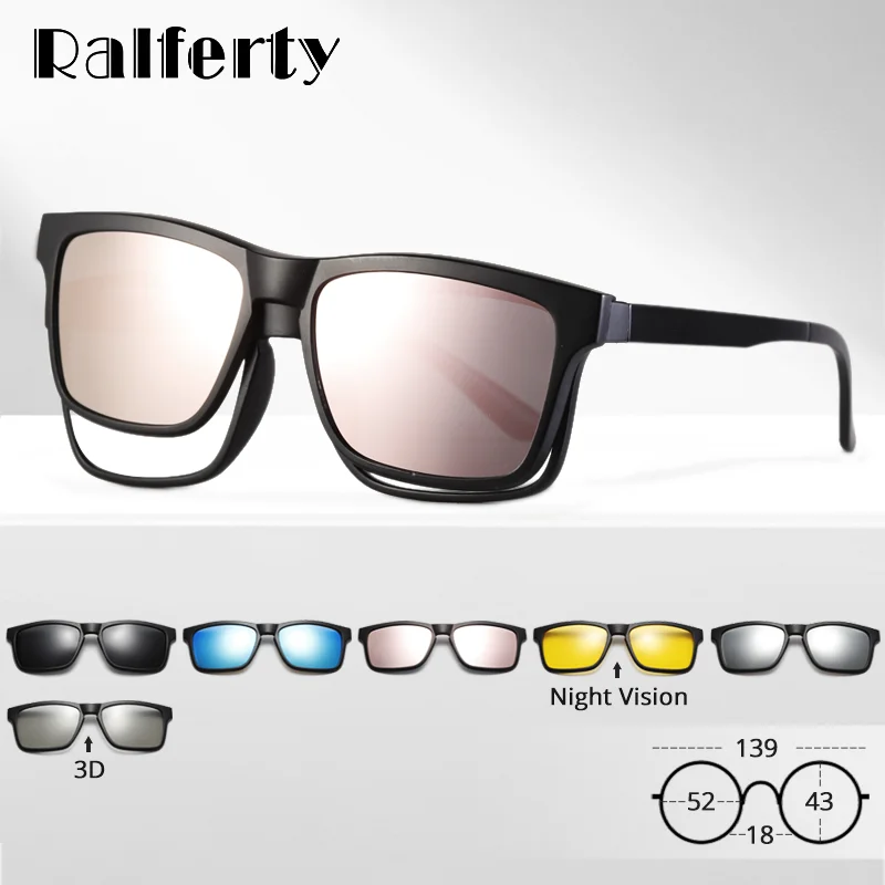 Ralferty Polarized Magnet Sunglasses Women Men Clip On Glasses Square Optic Myopia Spectacle Pink 6 In 1 Eyeglass Frames A2202