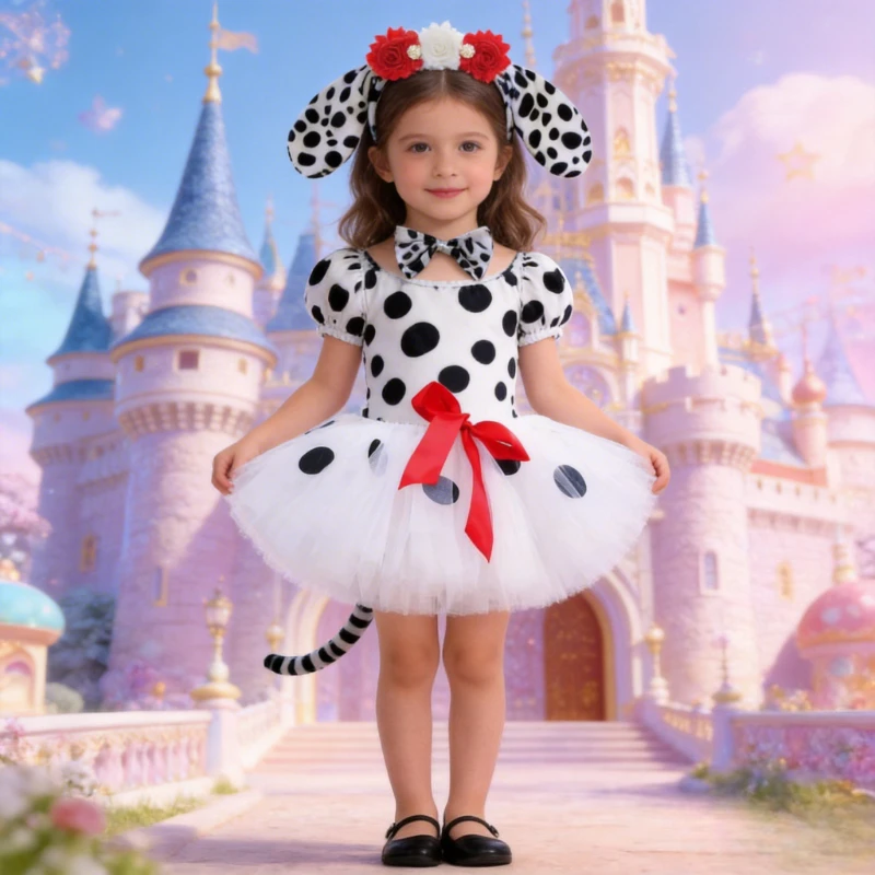 White Dalmatian‑print Outfit for Baby Girls, Kids Cartoon Performance Clothes, Halloween Stage & Birthday Tulle Tutu Dress Set