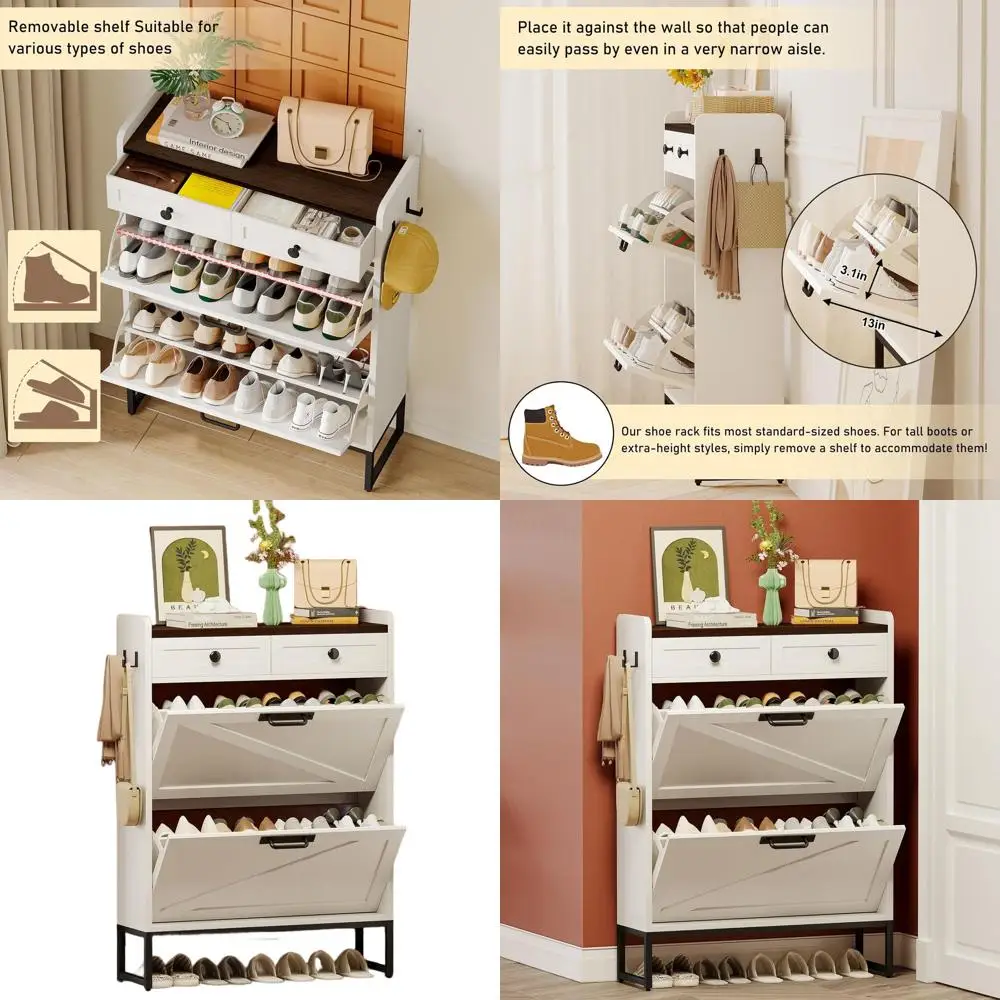 

Шкаф для хранения обуви в стиле фермерского дома с откидными ящиками и тканевыми ящиками для узкой прихожей